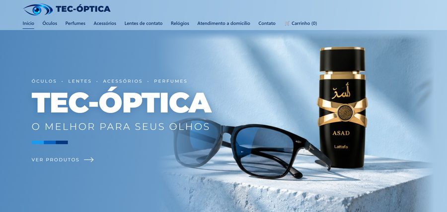 Site da Tec-Óptica com óculos de sol e perfume em destaque