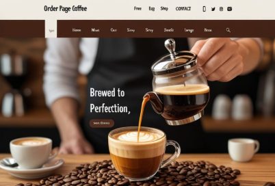 Site da Order Page Coffee com café sendo servido e grãos sobre a mesa